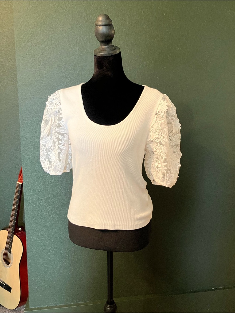 dolan Cream Puff Sleeve Lace Knit Top